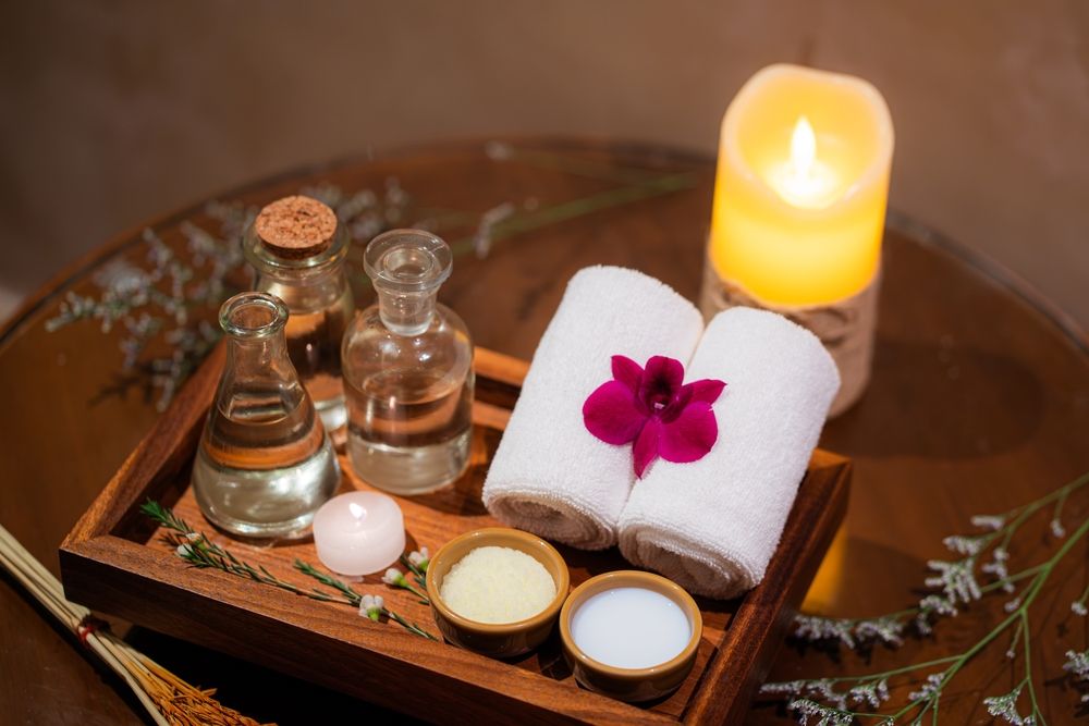 Massage oils and scrubs in a spa