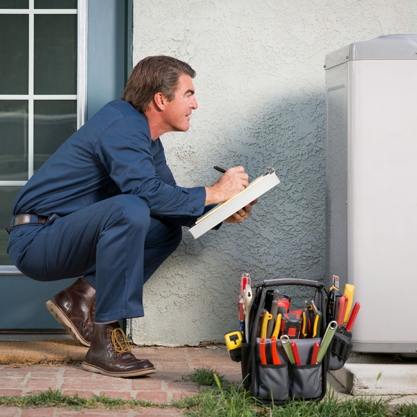 HVAC technician inspecting an air conditioner condenser 