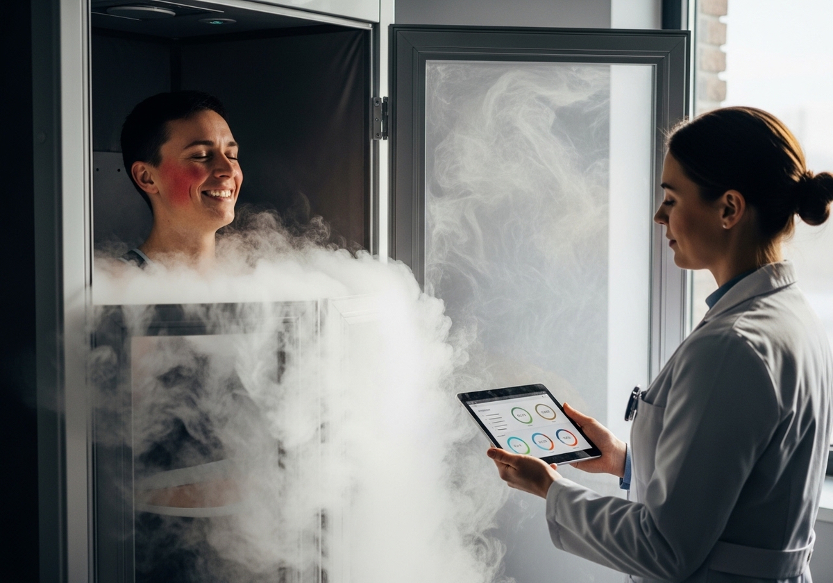 Woman undergoing cryotherapy treatment with technician monitoring
