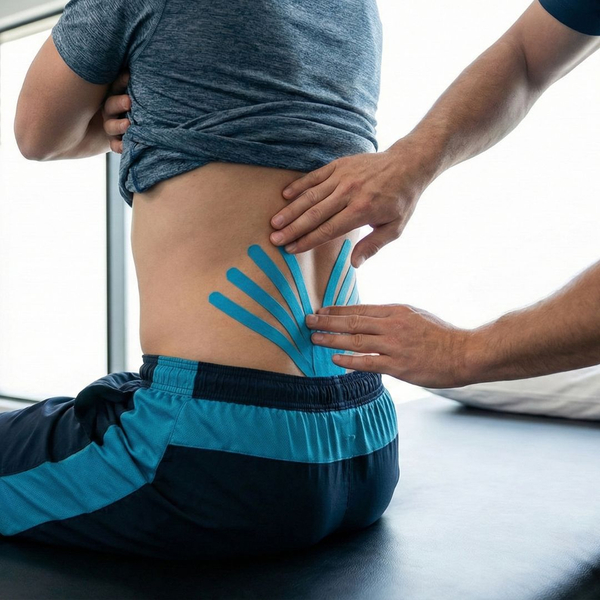 A therapist applies blue kinesiology tape to the lower back of a male athlete.
