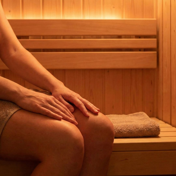 A close-up of a person's hands resting on their lap inside a warm wooden infrared sauna.