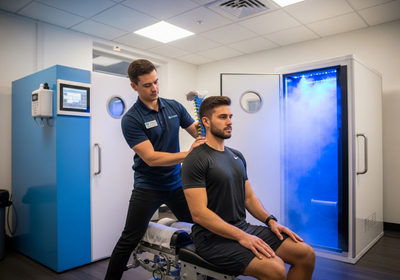 Chiropractor Adjusting Patient Before Cryotherapy