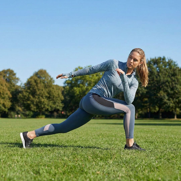 A female runner stretches in a park, performing a lunge with a spinal twist.