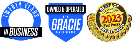 badges: twenty years in business, owned & operated by a gracie family member, best of brentwood gold medal award 2024 - the press