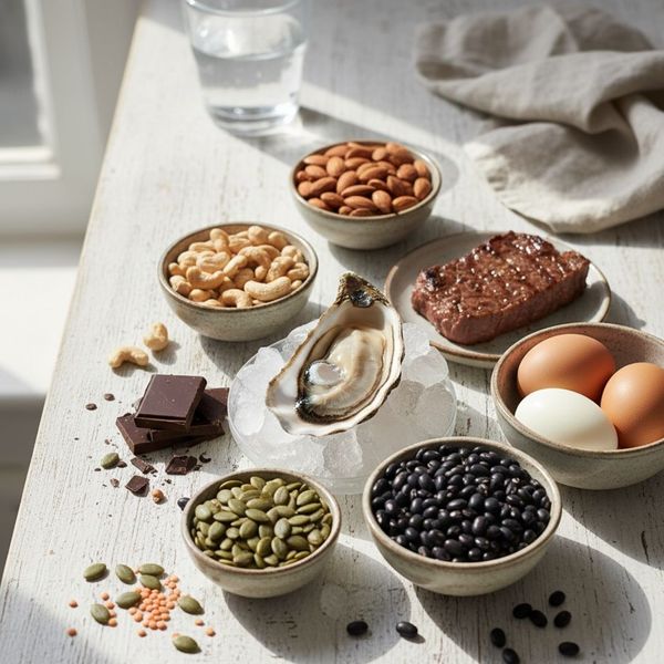 A collection of zinc-rich foods, including nuts, seeds, legumes, eggs, dark chocolate, steak, and an oyster on ice, are artfully arranged on a light wooden surface in natural light. A collection of zinc-rich foods, including nuts, seeds, legumes, eggs, dark chocolate, steak, and an oyster on ice, are artfully arranged on a light wooden surface in natural light.