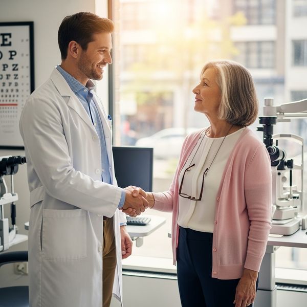 eye doctor shaking patient's hand