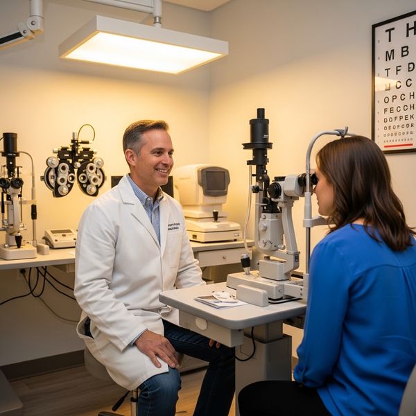 eye doctor with patient in exam room
