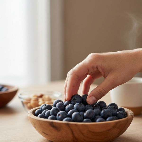 A person's hand picks up a ripe blueberry from a wooden bowl on a table. A person's hand picks up a ripe blueberry from a wooden bowl on a table.