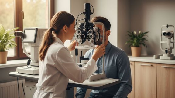 A female optometrist in a white coat conducts a vision test on a male patient using a phoropter in a bright exam room.