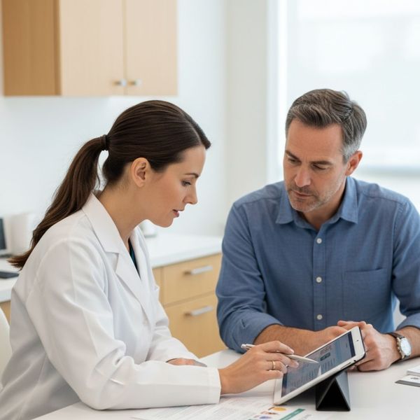 A female optometrist in a white lab coat uses a stylus to point at a tablet screen while discussing information with a male patient sitting across a desk from her. A female optometrist in a white lab coat uses a stylus to point at a tablet screen while discussing information with a male patient sitting across a desk from her.