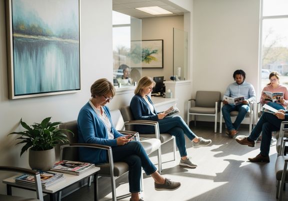 patient in the waiting room for an eye doctor