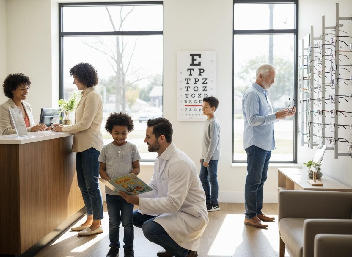 Busy Optometrist Office with Diverse Patients and Staff