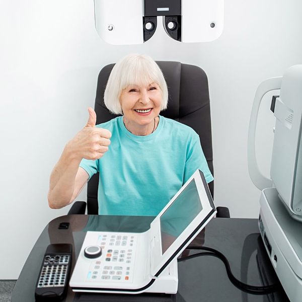an old woman giving the thumbs up at the eye doctor