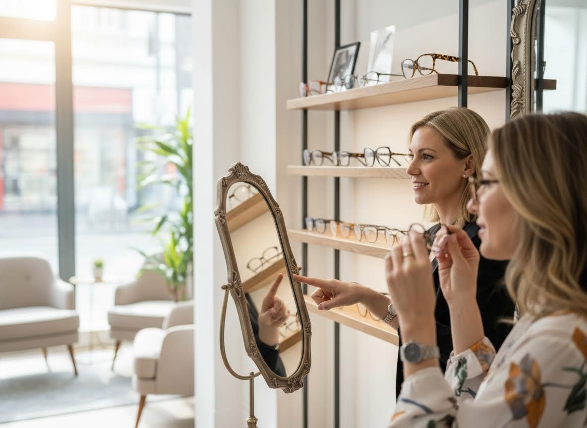 Women trying on glasses at an optical store