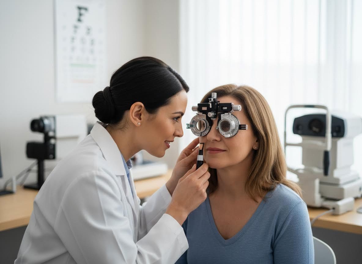 Optometrist performing eye exam on a female patient
