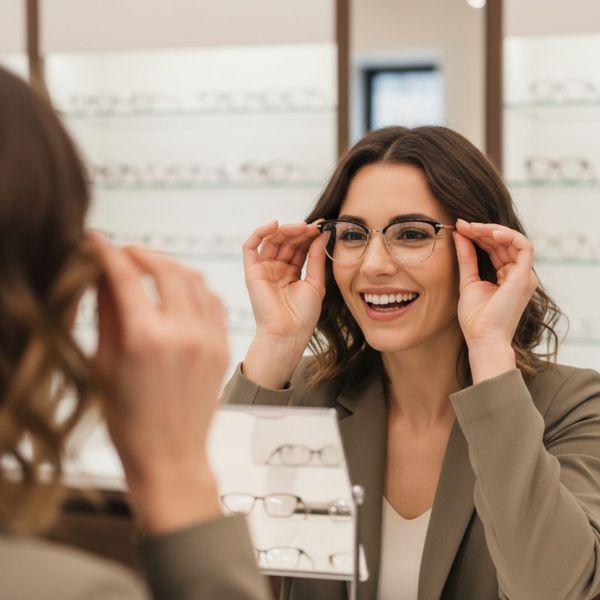A smiling woman with brown wavy hair tries on new eyeglasses, looking at her reflection in a mirror in an optical shop. A smiling woman with brown wavy hair tries on new eyeglasses, looking at her reflection in a mirror in an optical shop.