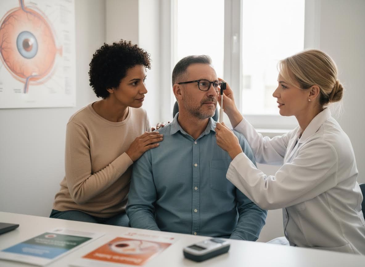 Man having an eye exam with supportive partner