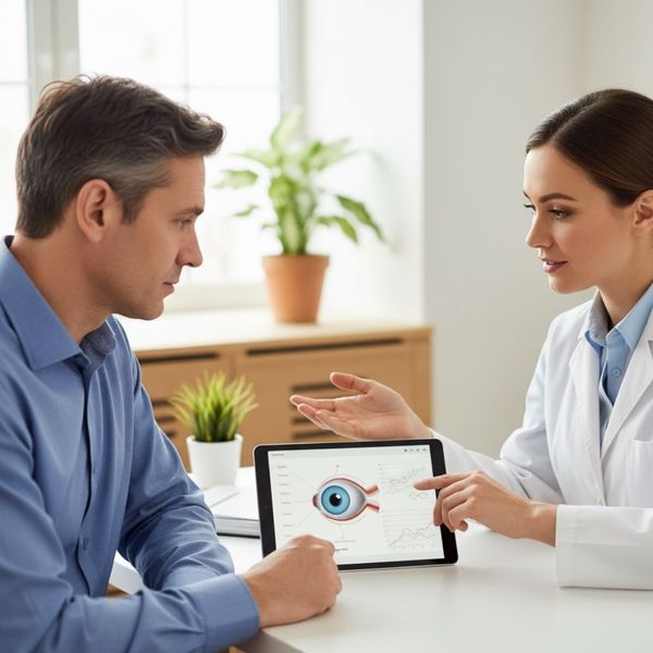 A female doctor in a white lab coat uses a tablet to show a male patient an anatomical diagram of an eye, discussing health insights. A female doctor in a white lab coat uses a tablet to show a male patient an anatomical diagram of an eye, discussing health insights.