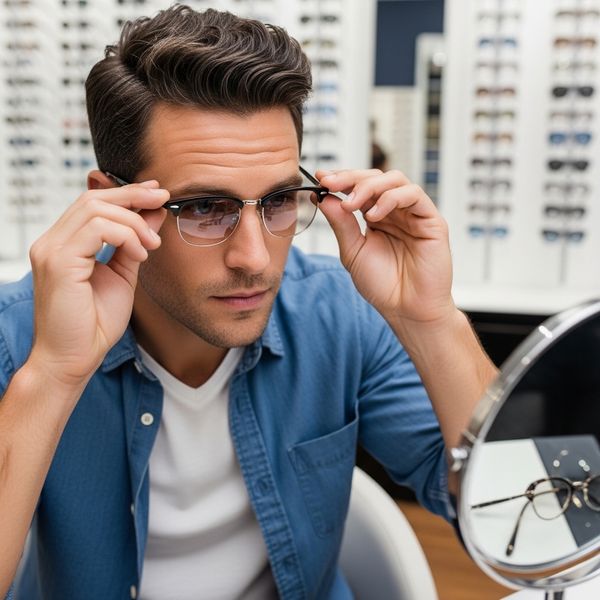 patient trying on a pair of eye glasses with Photochromic lenses