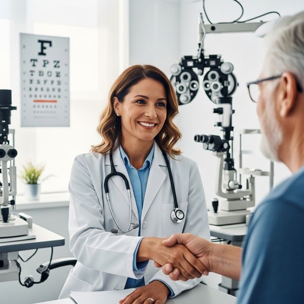 eye doctor shaking a patient's hand