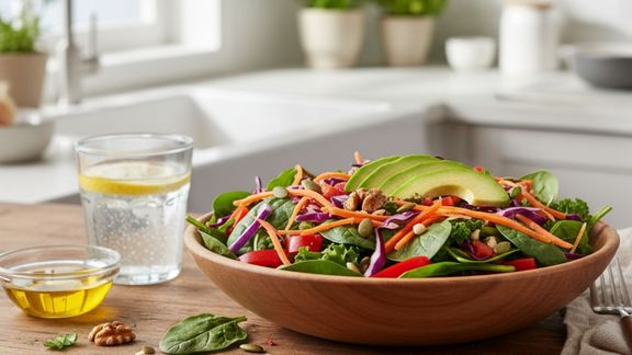 A large, colorful salad sits on a wooden counter with a glass of lemon water and olive oil in a bright kitchen.