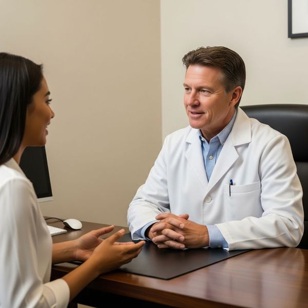 An eye doctor and a patient in consultation.
