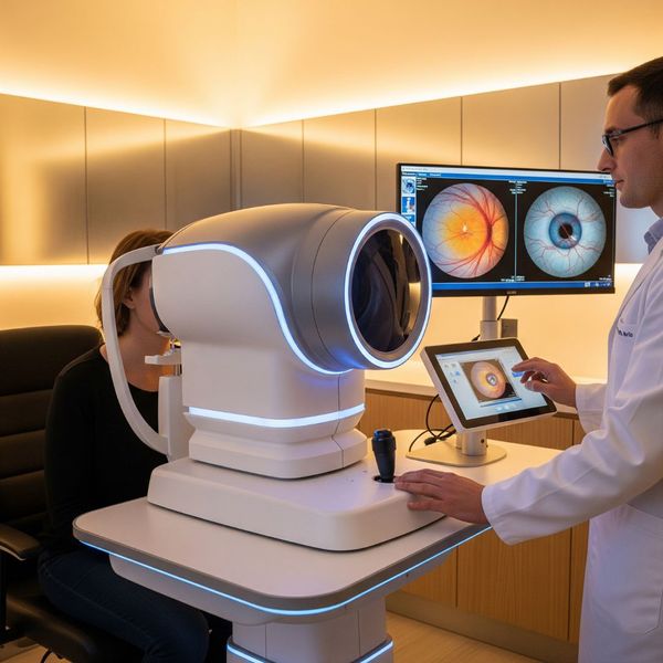 An advanced eye scanning machine in a modern optometry clinic.