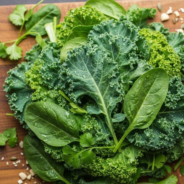 A vibrant mix of fresh, wet kale and spinach leaves rests on a wooden cutting board. Now generating the 1:1 square image for the third section. A vibrant mix of fresh, wet kale and spinach leaves rests on a wooden cutting board. Now generating the 1:1 square image for the third section.