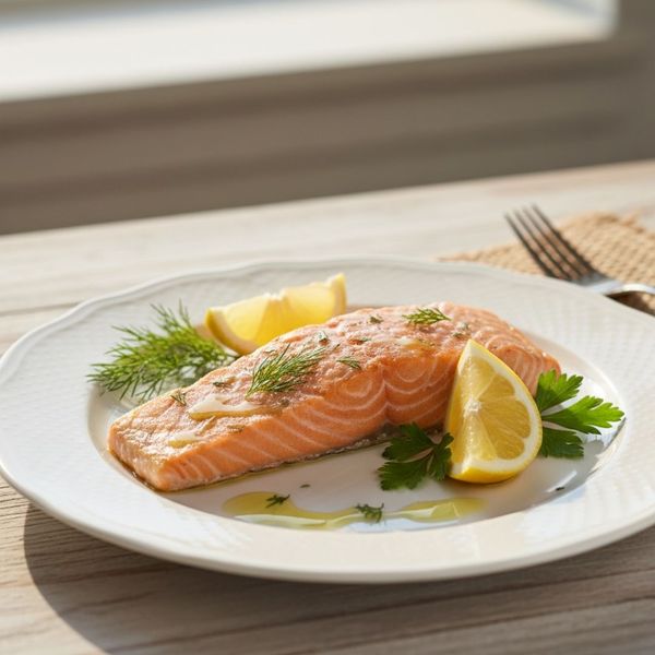 A perfectly cooked salmon fillet, garnished with fresh dill, parsley, and lemon wedges, is served on a white plate outdoors. A perfectly cooked salmon fillet, garnished with fresh dill, parsley, and lemon wedges, is served on a white plate outdoors.
