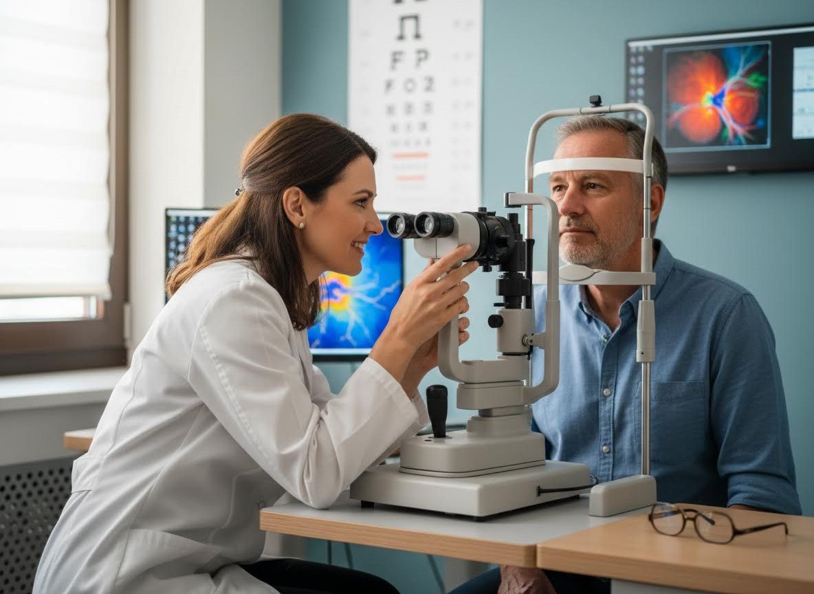 Optometrist examining patient's eye with slit lamp