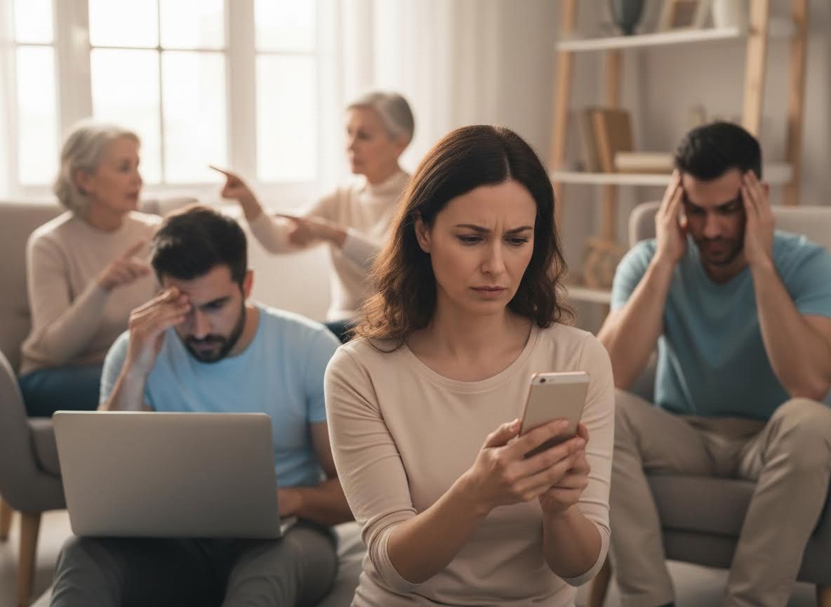 Stressed Woman on Phone Amidst Family Conflict