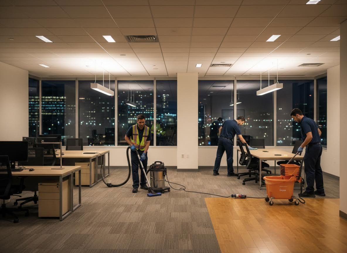 Professional Office Cleaning Crew Working at Night