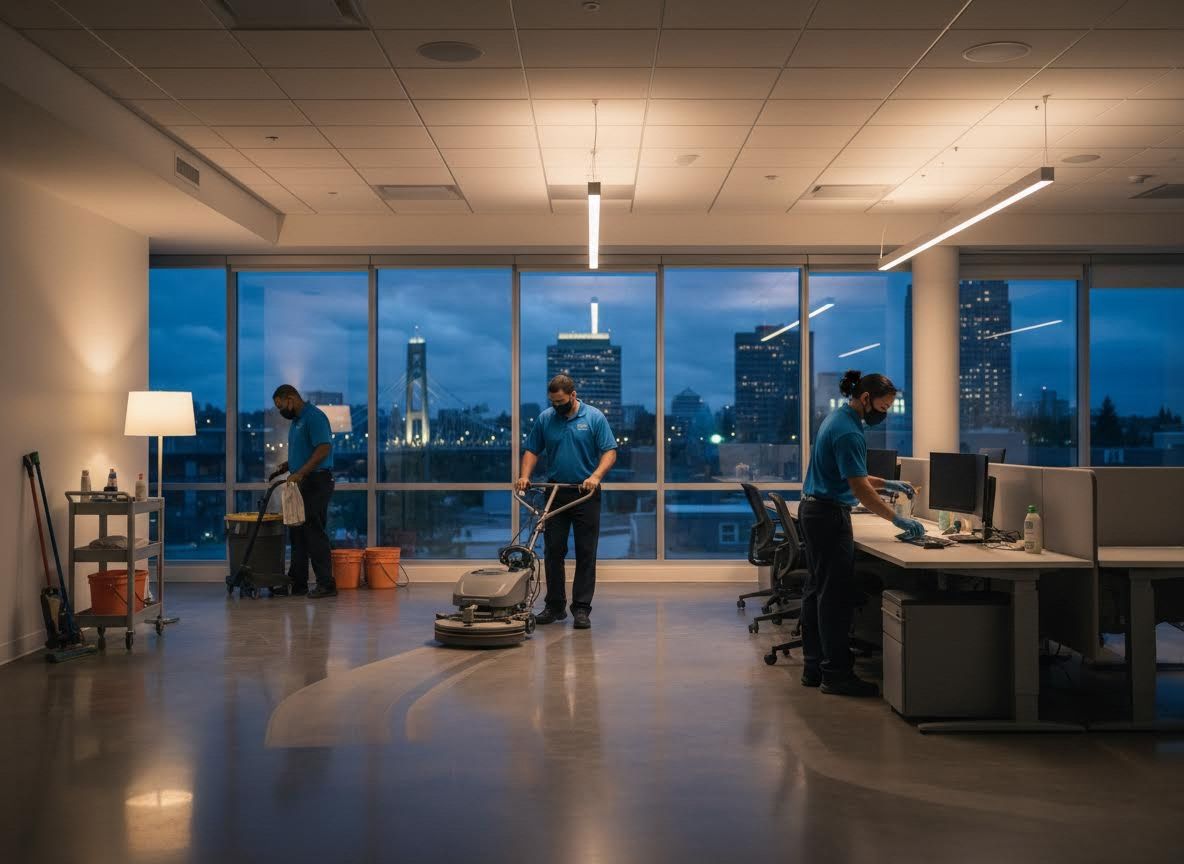 Professional office cleaning staff working at night