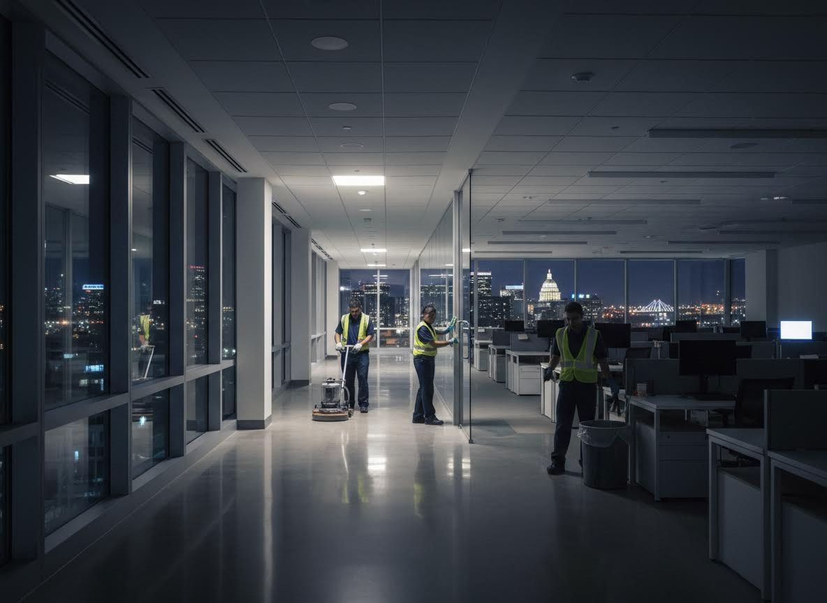 Night Cleaning Crew in Modern Office