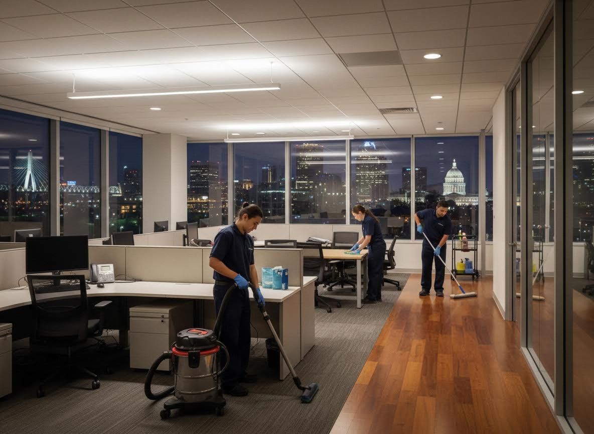 Professional cleaning services in an office at night