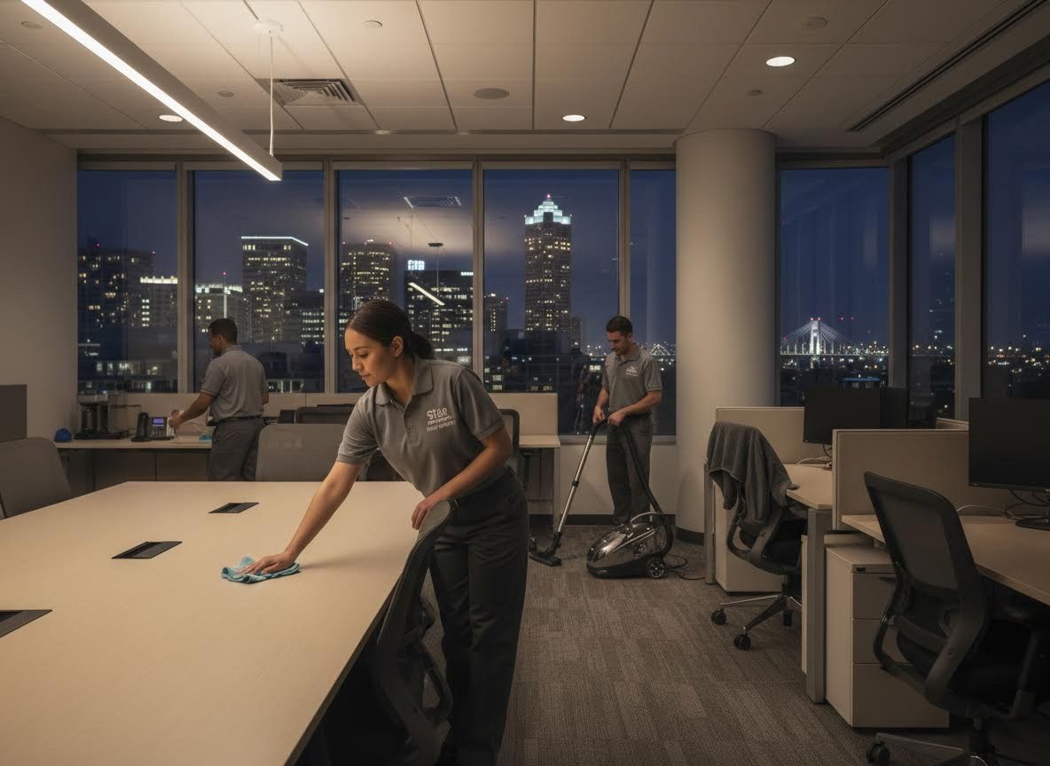 Commercial Cleaning Crew Working in Office at Night