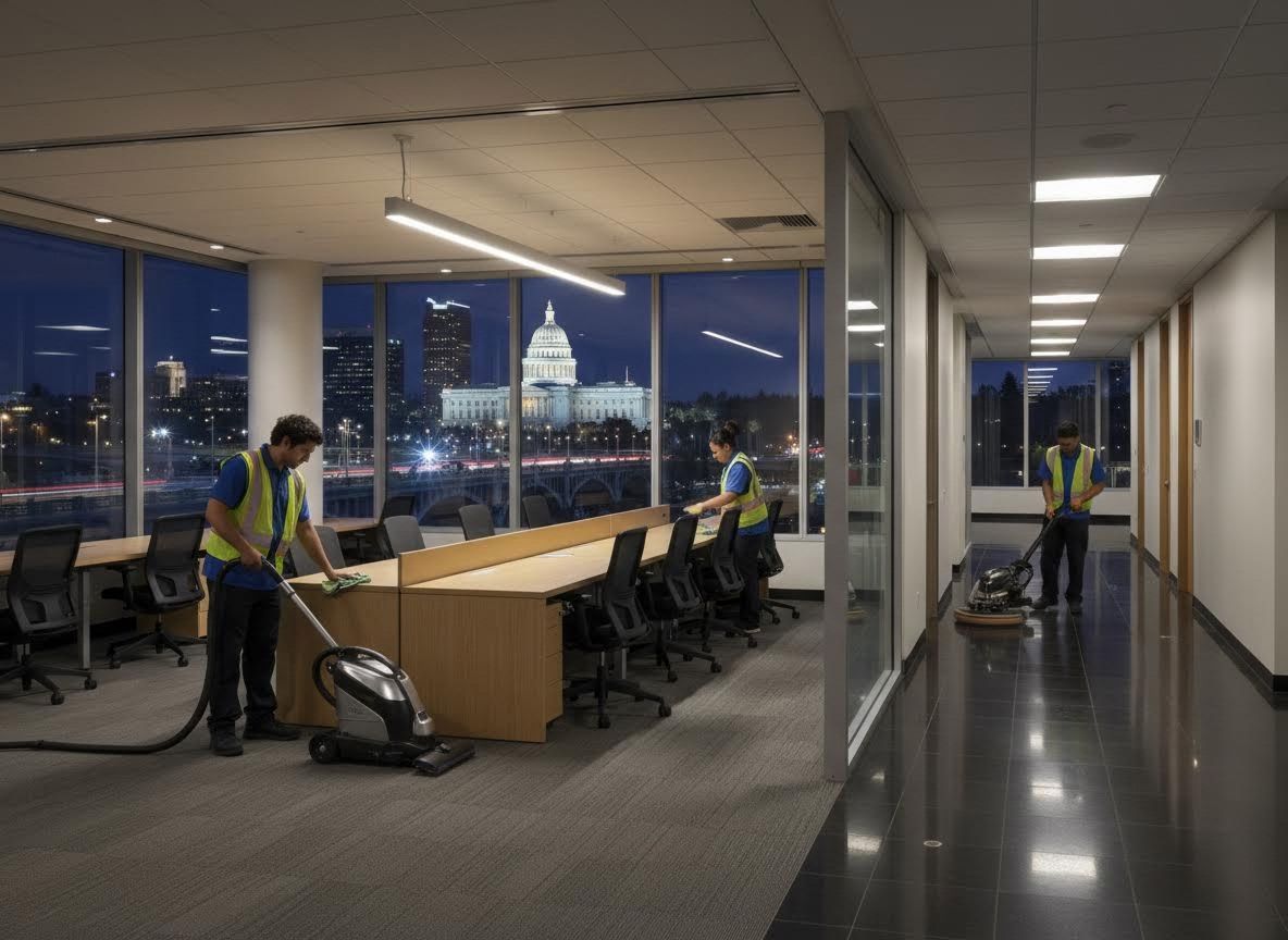 Professional office cleaning services at night with city skyline view