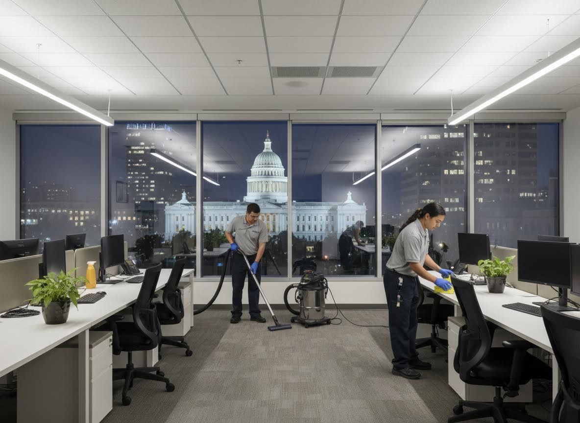 Commercial Cleaning Crew Working in an Office at Night with City View