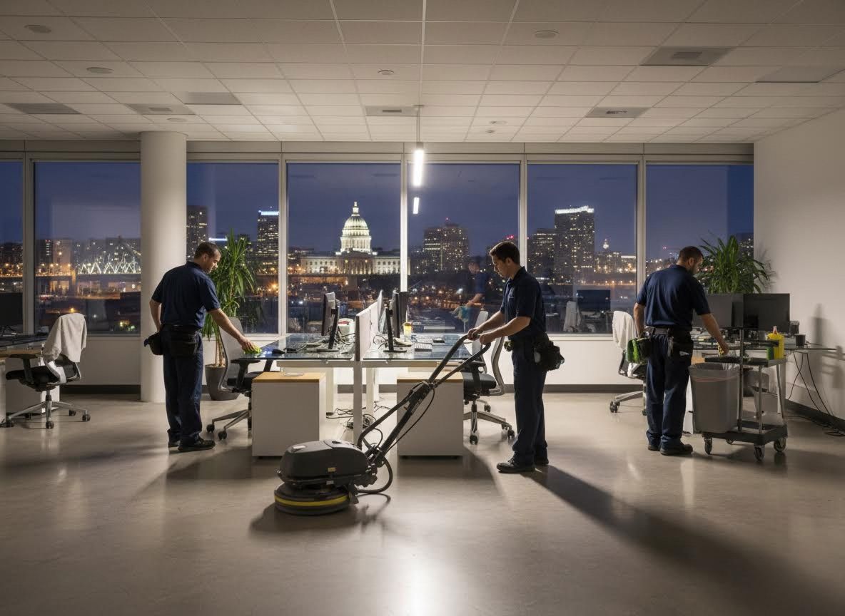 Professional cleaning crew working in a modern office at night