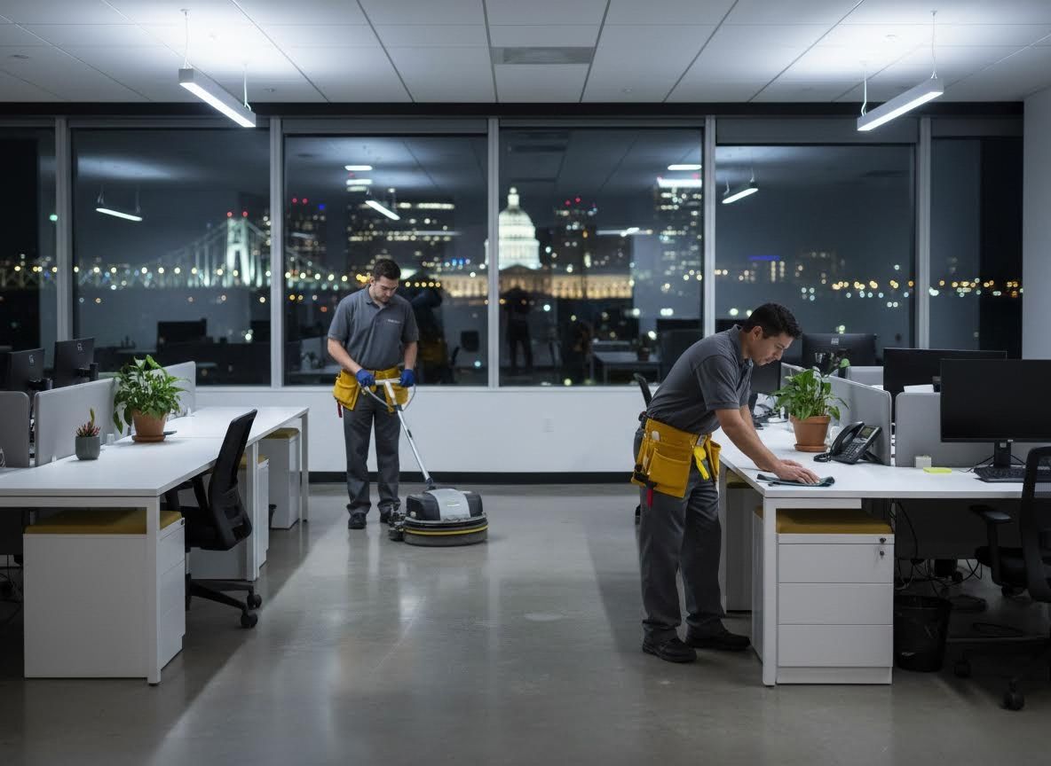Professional Office Cleaning at Night with City View