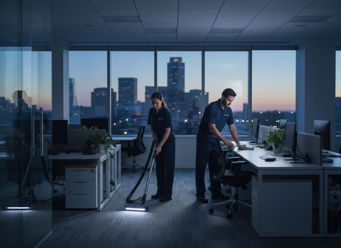 Commercial office cleaning at dusk