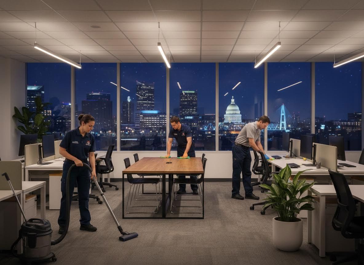 Commercial Cleaning Crew Working in Modern Office at Night