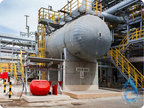A large, corrugated steel pressure vessel on a concrete platform at a gas processing plant, with fire safety equipment nearby.