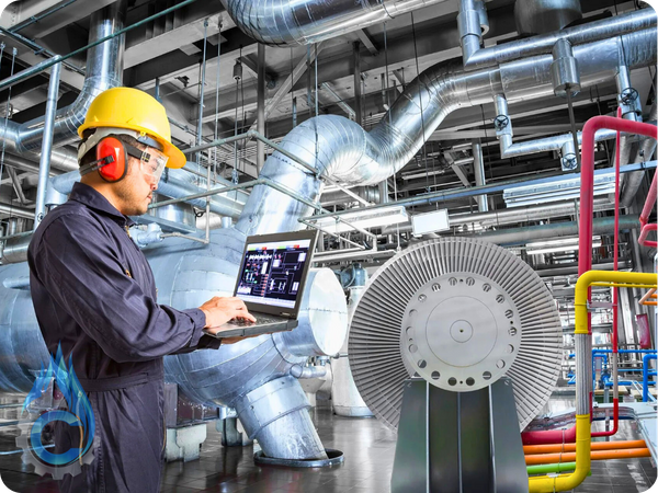 An engineer in a hard hat and safety glasses uses a laptop to monitor a gas processing system in a large industrial plant.