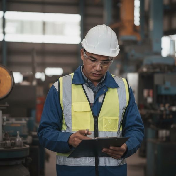 A safety officer in a hard hat and high-visibility vest inspects equipment