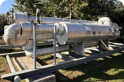 Two large, insulated pieces of used gas processing equipment mounted on a metal skid, ready for sale.