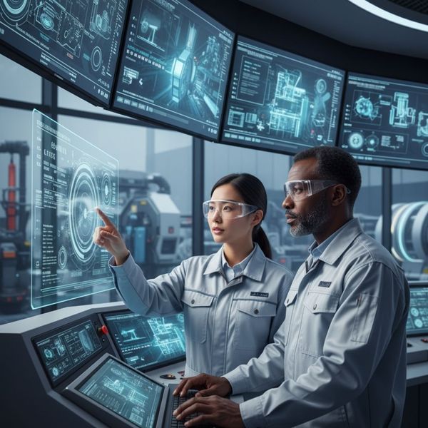 A male and female technician in safety glasses operate advanced control systems