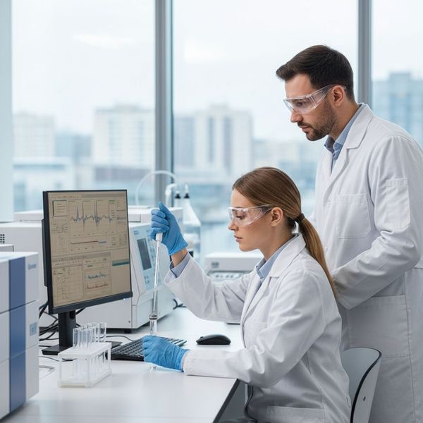 Two scientists in lab coats and safety glasses work with test tubes and a computer in a modern laboratory.
