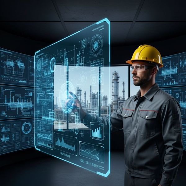 Engineer monitoring advanced industrial control room with screens