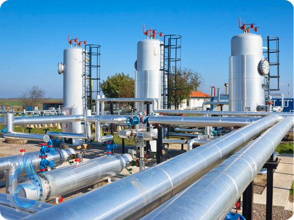 A large gas processing facility with tall vertical vessels and a complex network of silver pipes.